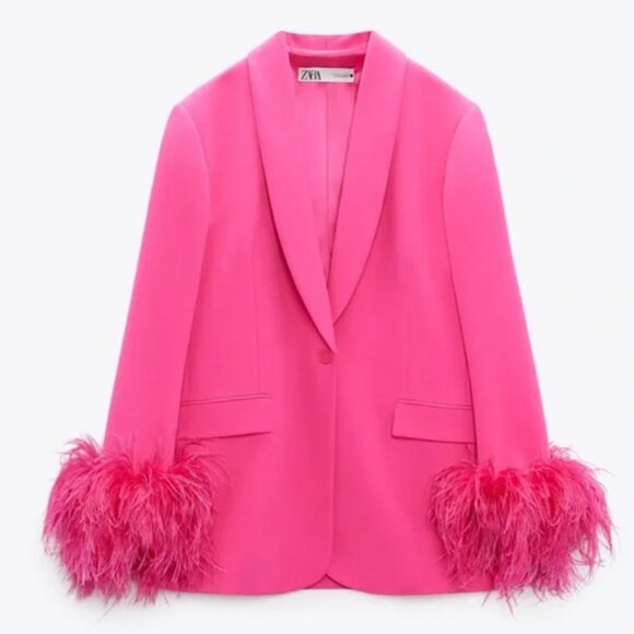 ZARA Straight Cut Feather Blazer Hot Pink size XSMALL - Picture 2 of 8